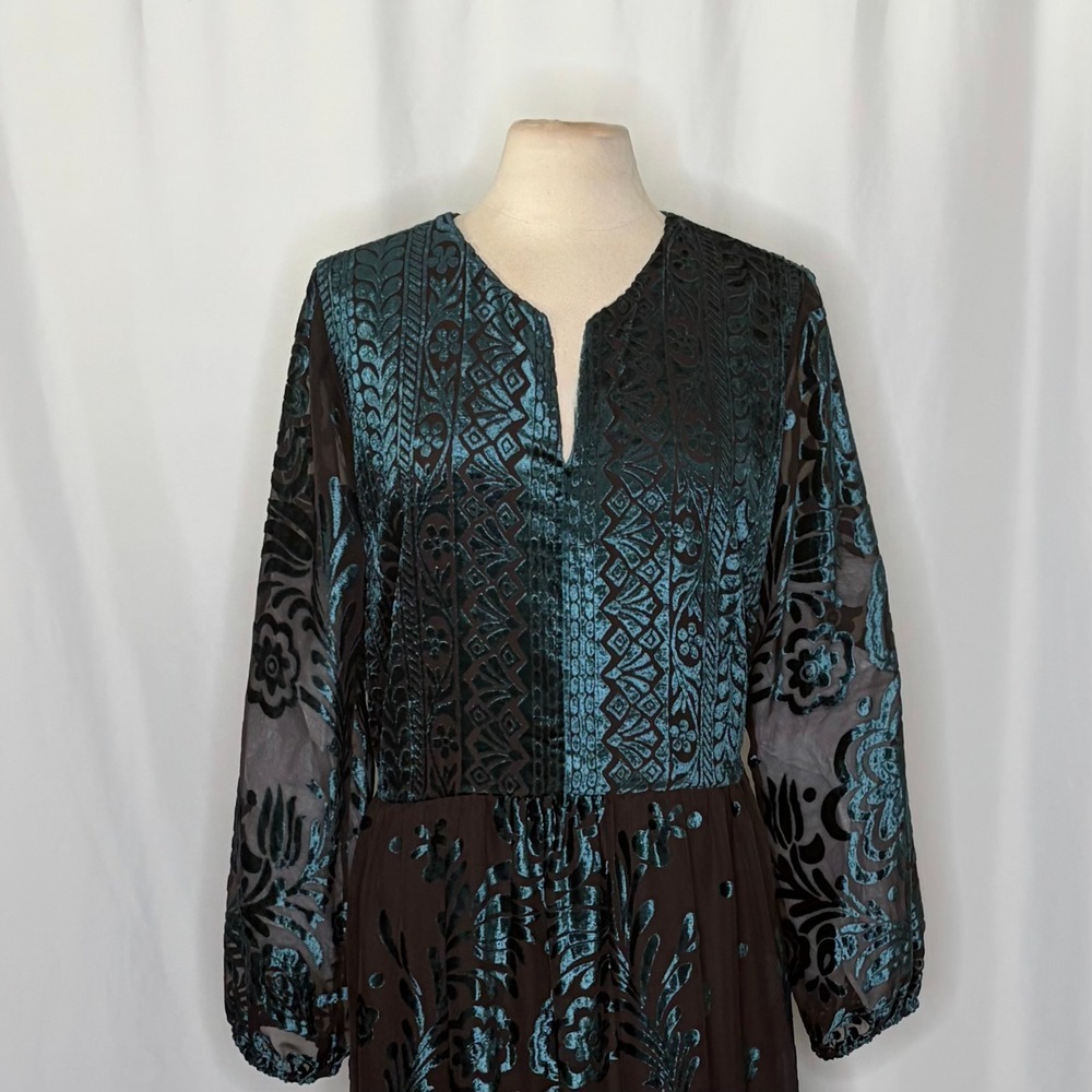 SOFT SURROUNDINGS Floral Velvet Dimora Maxi Dress Teal Brown Burnout X-Large - Picture 4 of 11